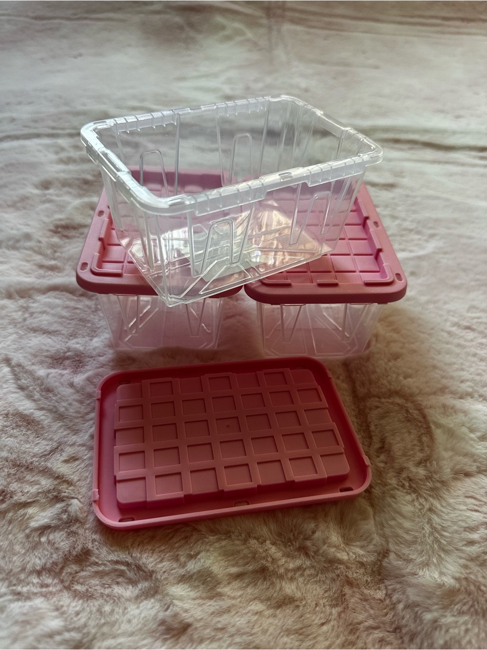 Set of 3 - XS Clear Storage Teeny Tote Containers with Pink Lids NWT
